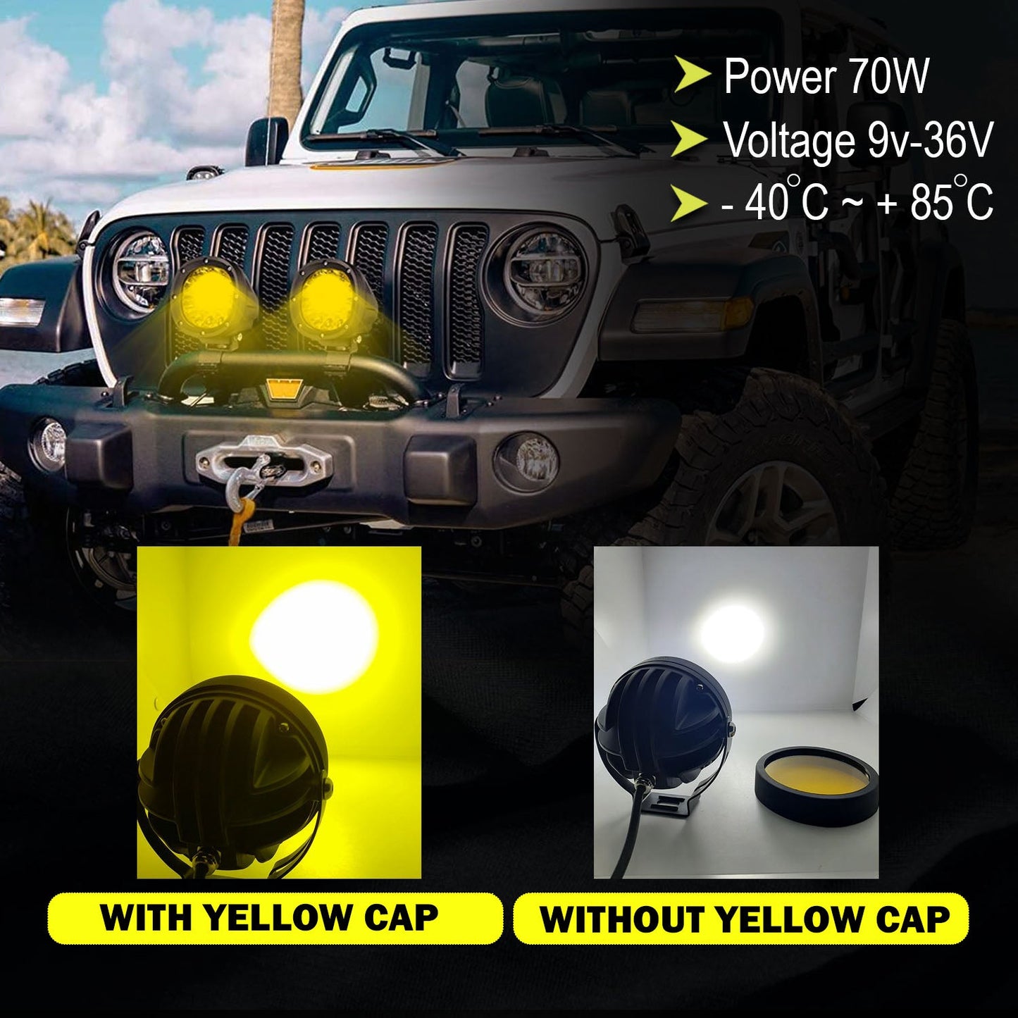 HJG - 70W 7-LED ROUND WHITE FOG LIGHTS WITH YELLOW CAP (Pack of 2)