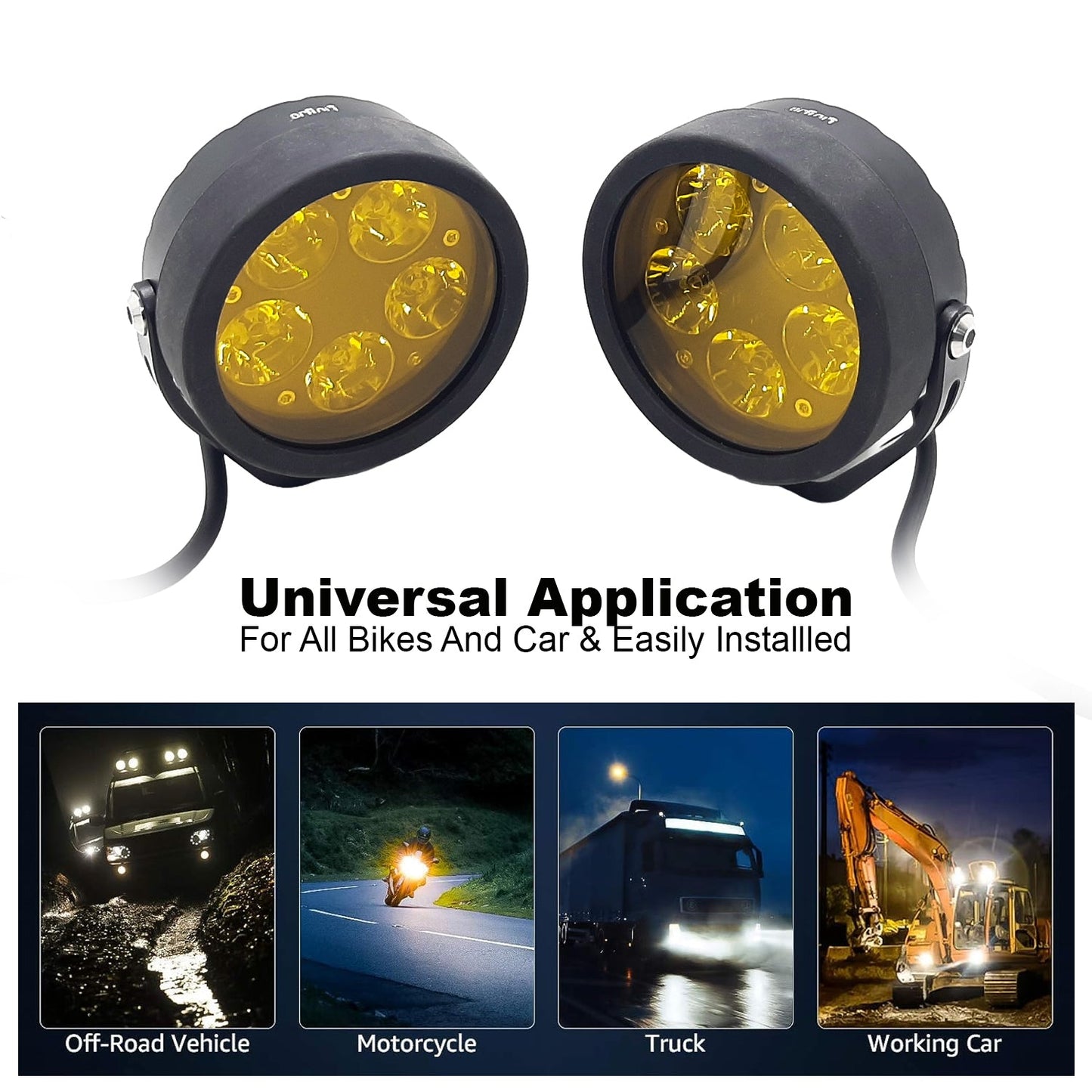 HJG - 90W ROUND 5-LED ROUND WHITE FOG LIGHTS WITH YELLOW CAP (Pack of 2)