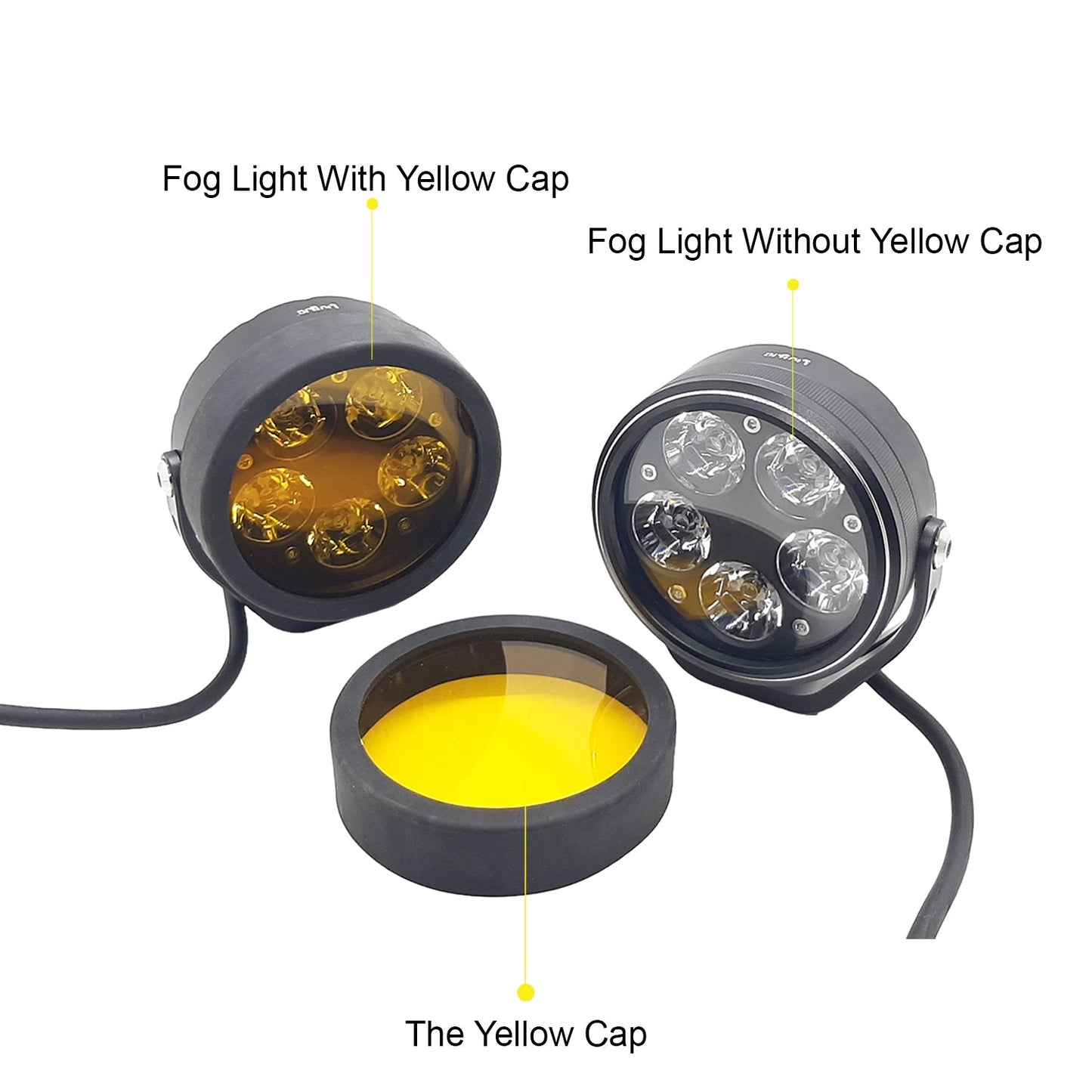 HJG - 90W ROUND 5-LED ROUND WHITE FOG LIGHTS WITH YELLOW CAP (Pack of 2)