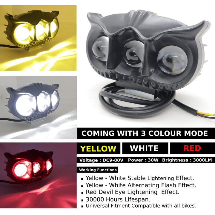 HJG - LED OWL FOG LIGHT YELLOW/WHITE & RED DEVIL EYE | 3-COLOUR MODE WITH FLASHING PATTERN (Pack of 1)