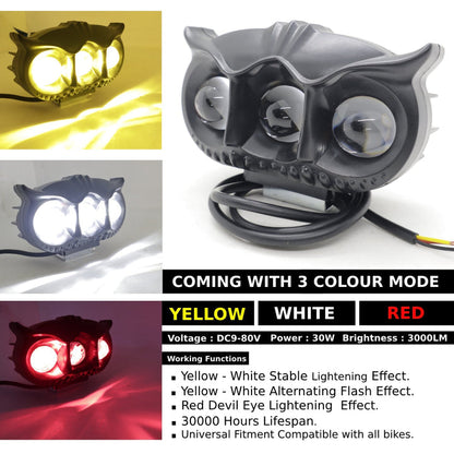 HJG - LED OWL FOG LIGHT YELLOW/WHITE & RED DEVIL EYE | 3-COLOUR MODE WITH FLASHING PATTERN (Pack of 1)
