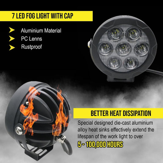 HJG - 70W 7-LED ROUND WHITE FOG LIGHTS WITH YELLOW CAP (Pack of 2)