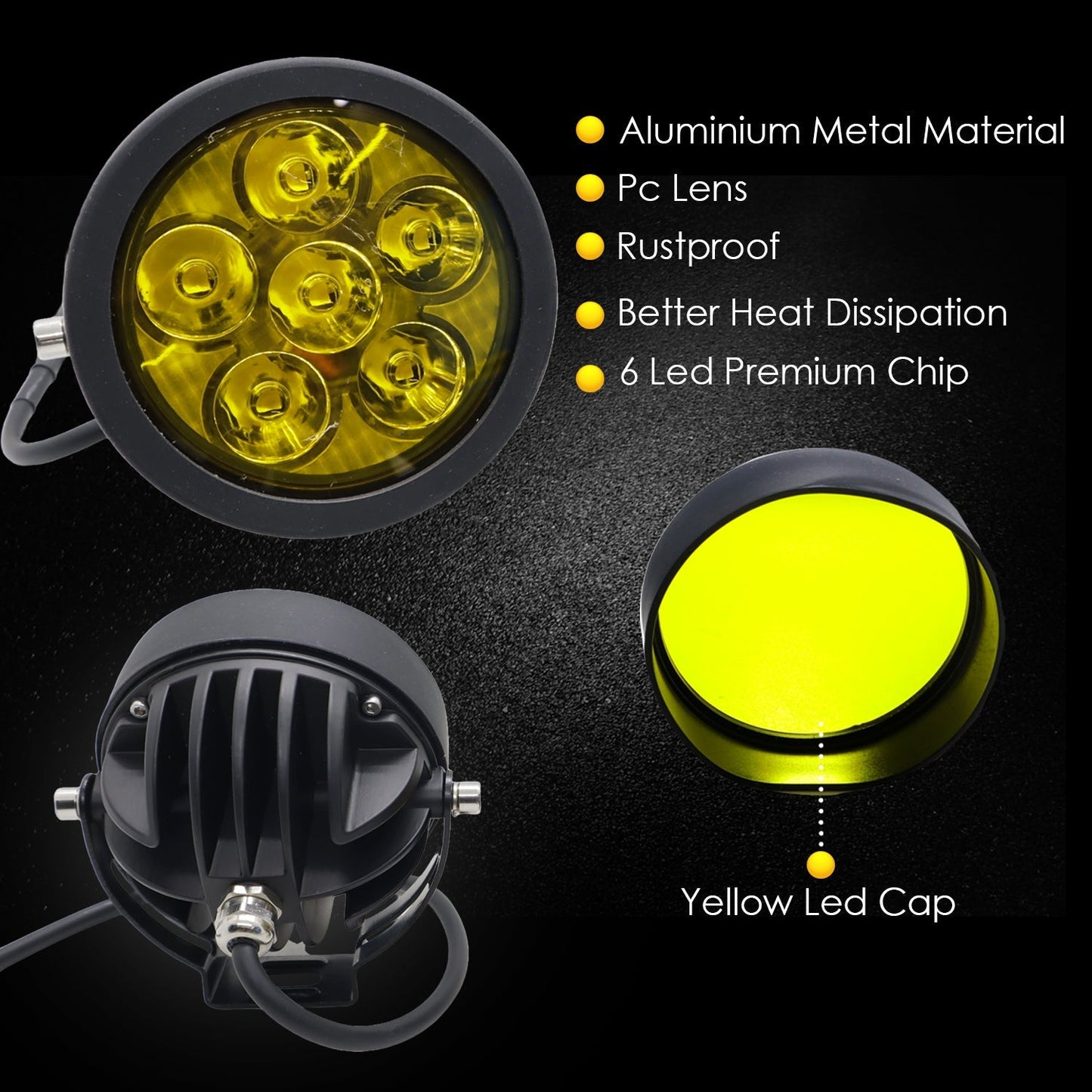HJG - 60W ROUND 6 LED FOG LIGHTS WITH YELLOW CAP (Pack of 2)