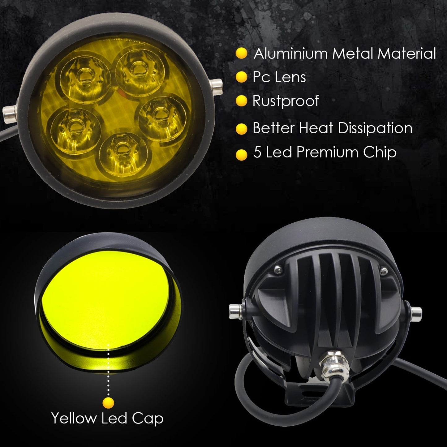 HJG - 50W ROUND 5-LED WHITE FOG LIGHTS WITH YELLOW CAP (Pack of 2)