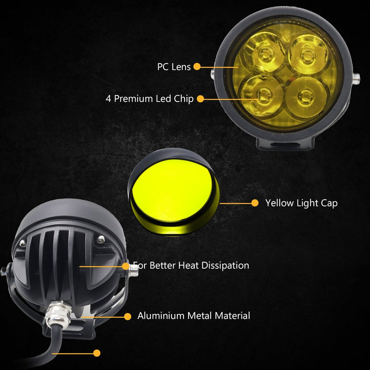HJG - 40W ROUND 4 LED FOG LIGHTS WITH YELLOW CAP (Pack of 2)