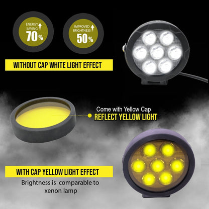 HJG - 70W 7-LED ROUND WHITE FOG LIGHTS WITH YELLOW CAP (Pack of 2)