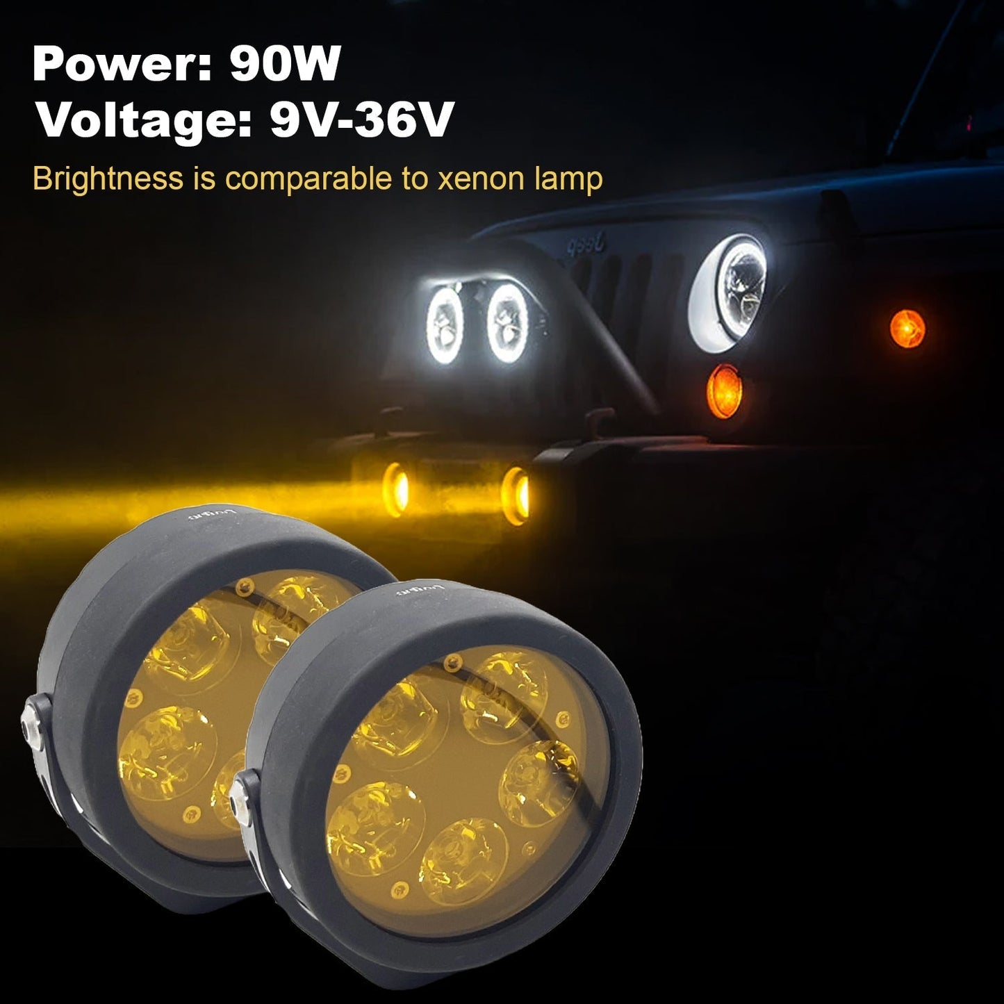 HJG - 90W ROUND 5-LED ROUND WHITE FOG LIGHTS WITH YELLOW CAP (Pack of 2)
