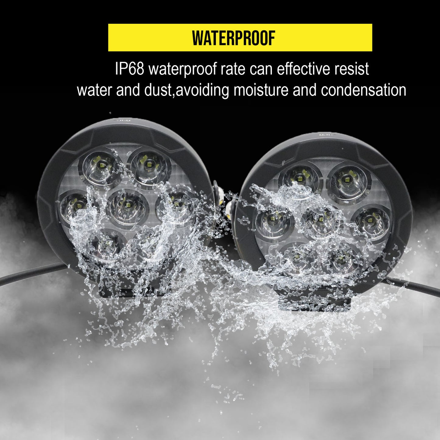 HJG - 70W 7-LED ROUND WHITE FOG LIGHTS WITH YELLOW CAP (Pack of 2)