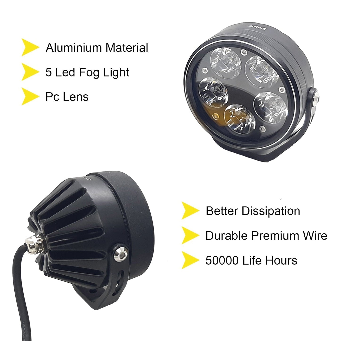 HJG - 90W ROUND 5-LED ROUND WHITE FOG LIGHTS WITH YELLOW CAP (Pack of 2)